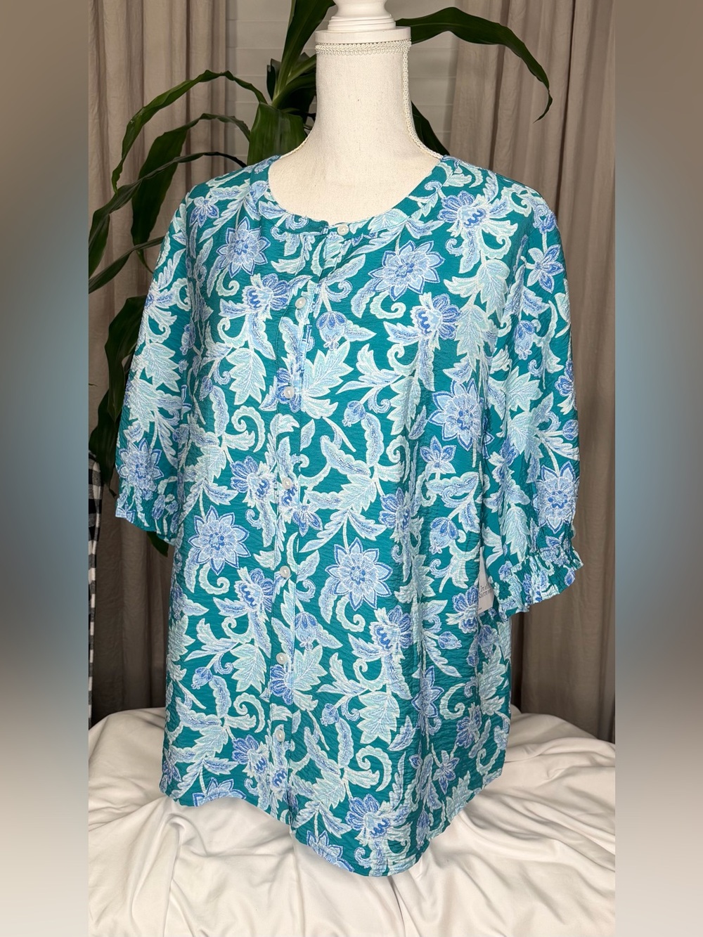 NWT Croft & Barrow Women's Teal Floral Woven Blouse Round Neck 3/4 Sleeve 1X
